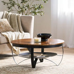 Natural & Black Mango Wood Round Coffee Table with Powder-Coated Iron Legs & Open Shelf