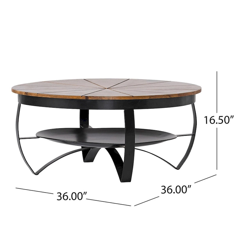 Natural & Black Mango Wood Round Coffee Table with Powder-Coated Iron Legs & Open Shelf