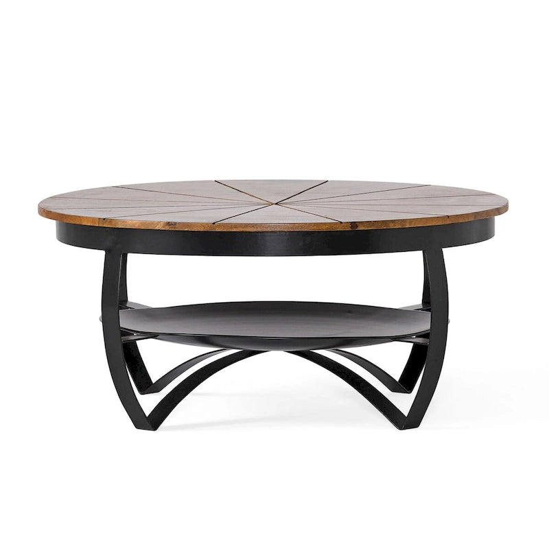 Natural & Black Mango Wood Round Coffee Table with Powder-Coated Iron Legs & Open Shelf