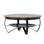 Natural & Black Mango Wood Round Coffee Table with Powder-Coated Iron Legs & Open Shelf