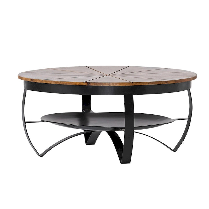 Natural & Black Mango Wood Round Coffee Table with Powder-Coated Iron Legs & Open Shelf