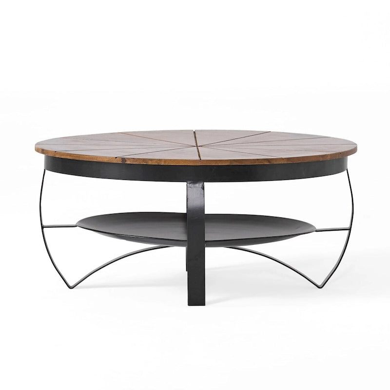 Natural & Black Mango Wood Round Coffee Table with Powder-Coated Iron Legs & Open Shelf