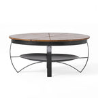 Natural & Black Mango Wood Round Coffee Table with Powder-Coated Iron Legs & Open Shelf