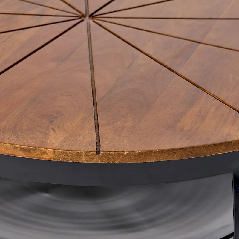 Natural & Black Mango Wood Round Coffee Table with Powder-Coated Iron Legs & Open Shelf