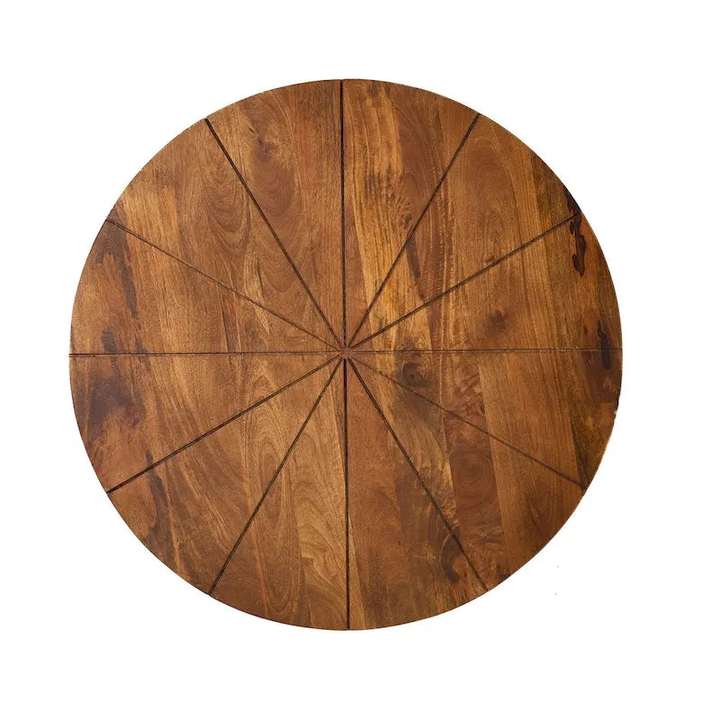 Natural & Black Mango Wood Round Coffee Table with Powder-Coated Iron Legs & Open Shelf