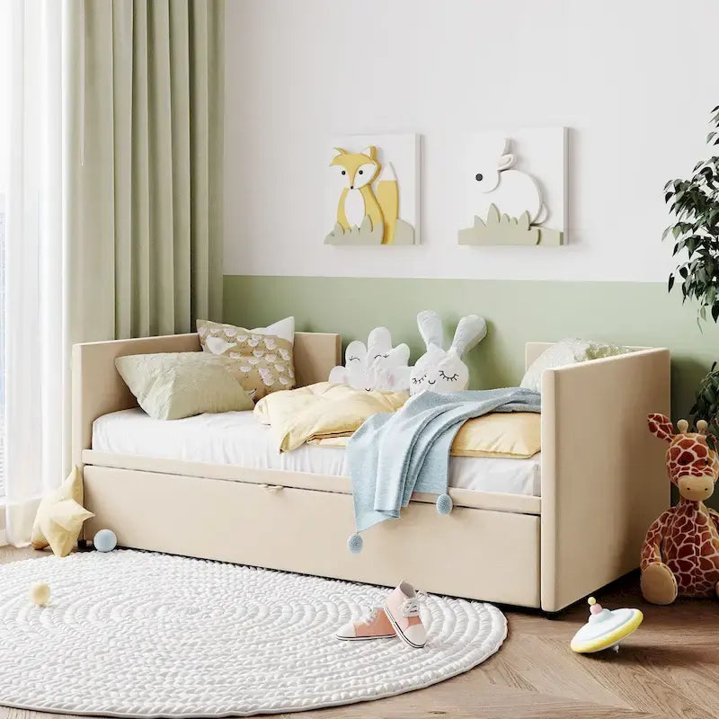 Pink / Beige / Gray Velvet Twin Daybed with Pop-Up Trundle – 1-2 Person