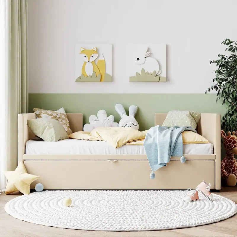 Pink / Beige / Gray Velvet Twin Daybed with Pop-Up Trundle – 1-2 Person