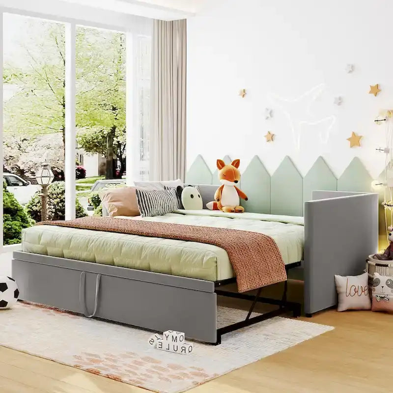 Pink / Beige / Gray Velvet Twin Daybed with Pop-Up Trundle – 1-2 Person