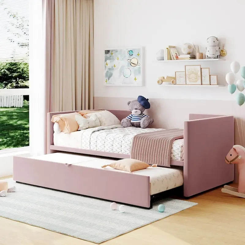 Pink / Beige / Gray Velvet Twin Daybed with Pop-Up Trundle – 1-2 Person