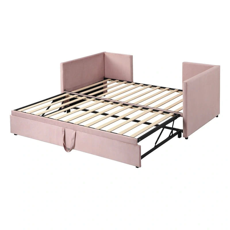 Pink / Beige / Gray Velvet Twin Daybed with Pop-Up Trundle – 1-2 Person