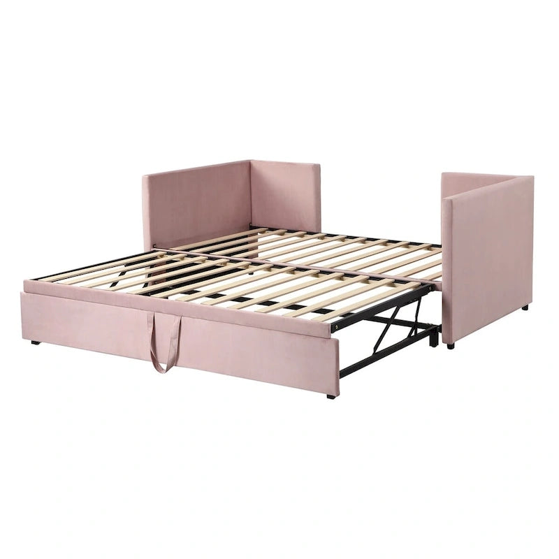 Pink / Beige / Gray Velvet Twin Daybed with Pop-Up Trundle – 1-2 Person