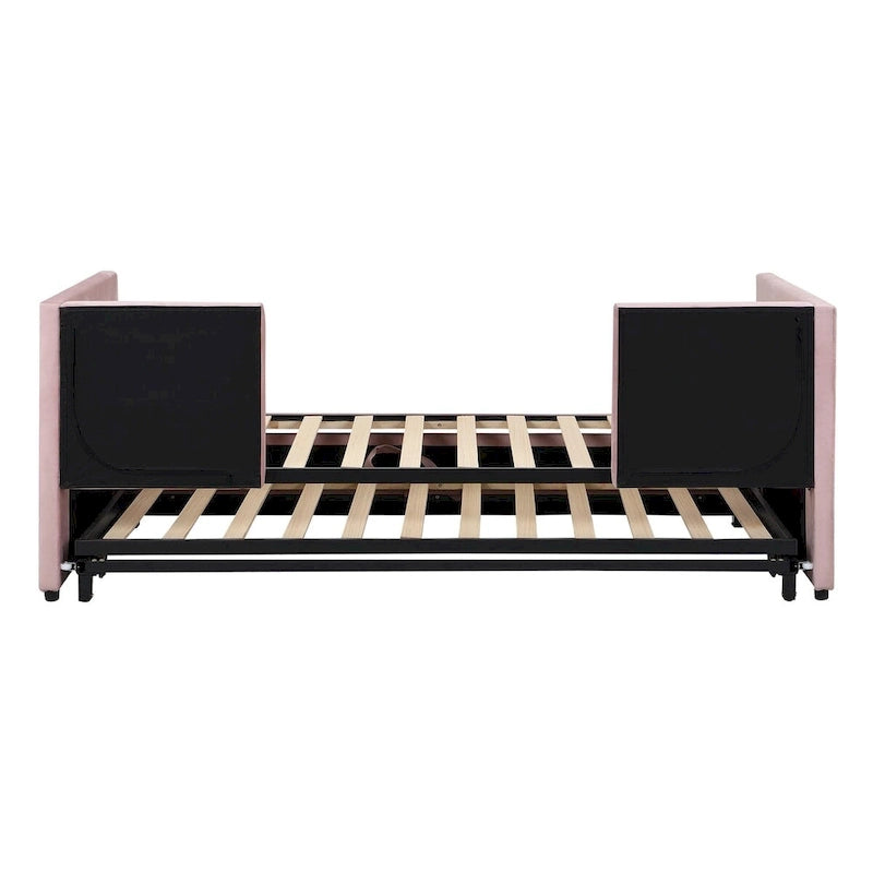 Pink / Beige / Gray Velvet Twin Daybed with Pop-Up Trundle – 1-2 Person