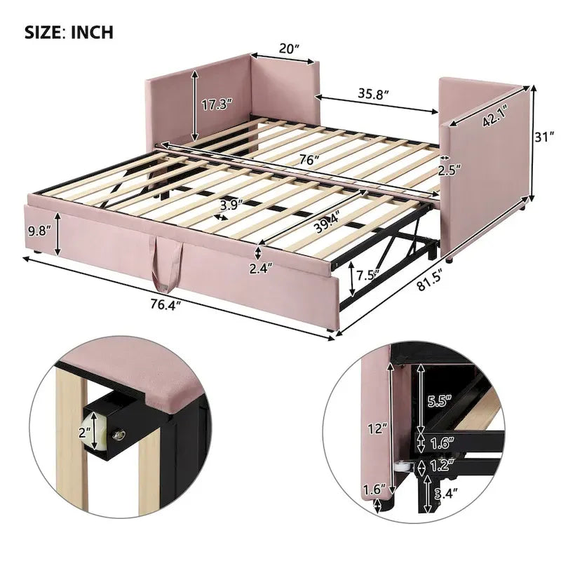 Pink / Beige / Gray Velvet Twin Daybed with Pop-Up Trundle – 1-2 Person