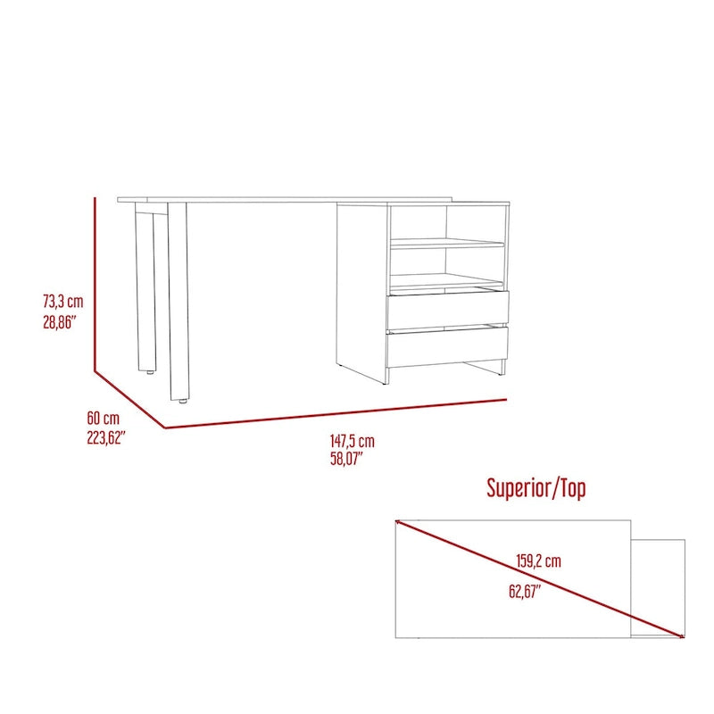 Light Gray Writing Desk with 2 Drawers & 2 Shelves – 1 Person