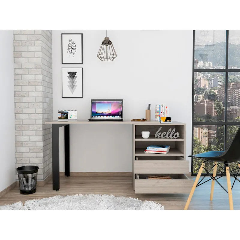 Light Gray Writing Desk with 2 Drawers & 2 Shelves – 1 Person