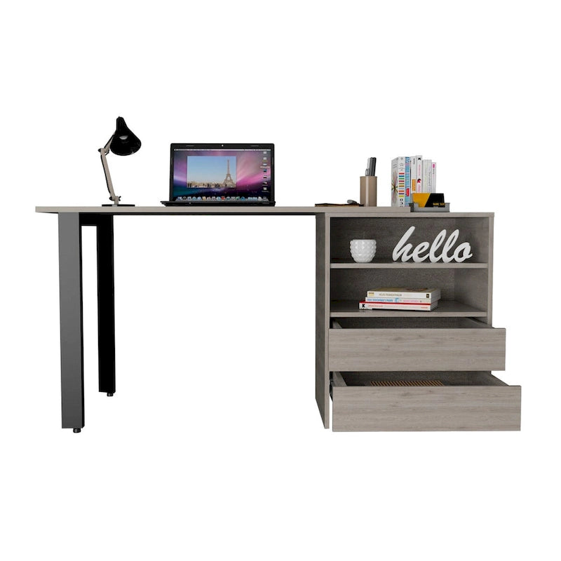 Light Gray Writing Desk with 2 Drawers & 2 Shelves – 1 Person