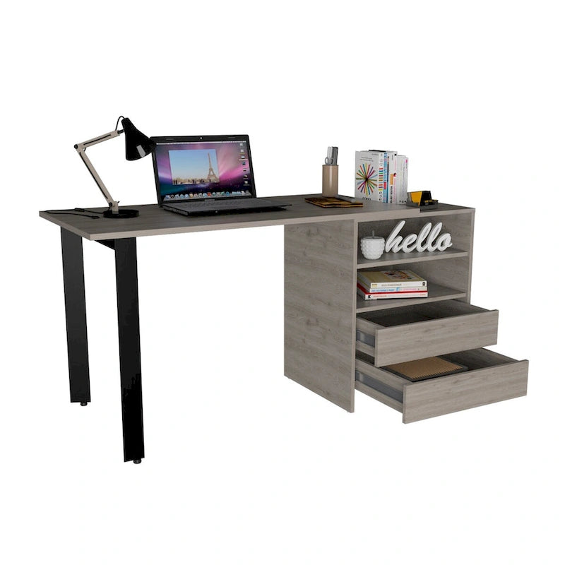 Light Gray Writing Desk with 2 Drawers & 2 Shelves – 1 Person