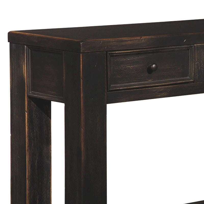 Weathered Black Wood Sofa Console Table with 4 Drawers & Bottom Shelf