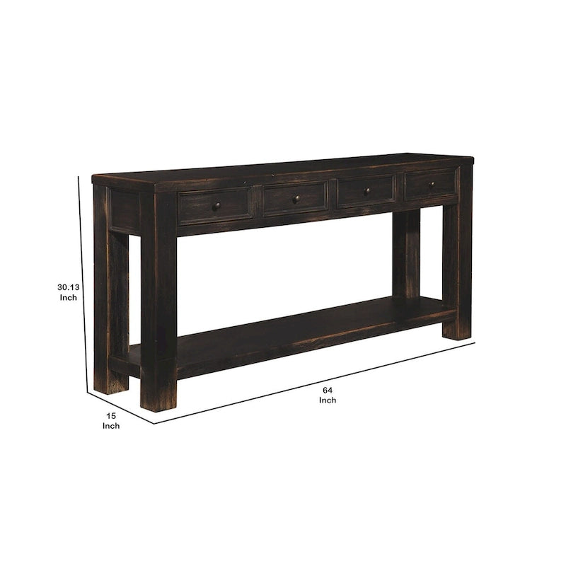 Weathered Black Wood Sofa Console Table with 4 Drawers & Bottom Shelf