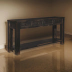 Weathered Black Wood Sofa Console Table with 4 Drawers & Bottom Shelf