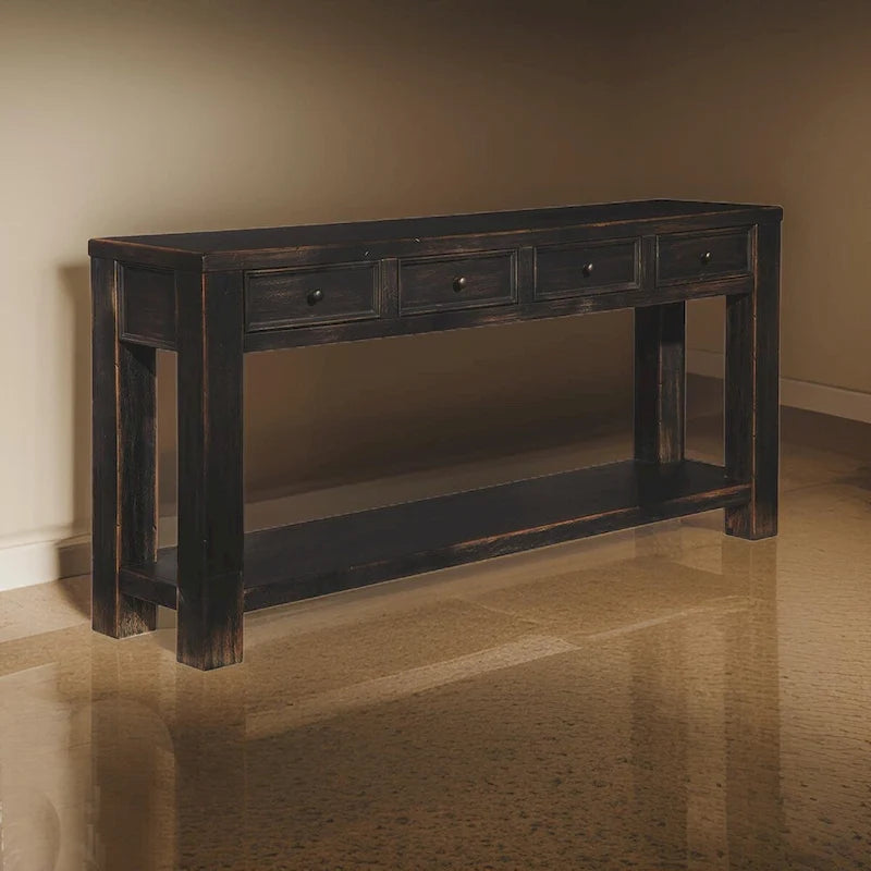 Weathered Black Wood Sofa Console Table with 4 Drawers & Bottom Shelf