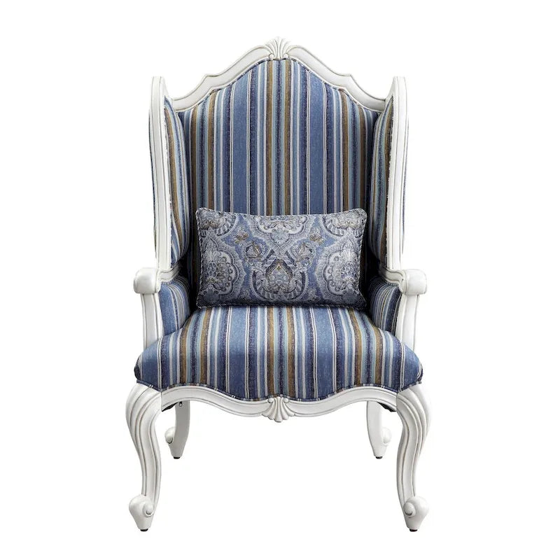 Blue Striped Wingback Accent Chair with Queen Anne Legs – 1 Person