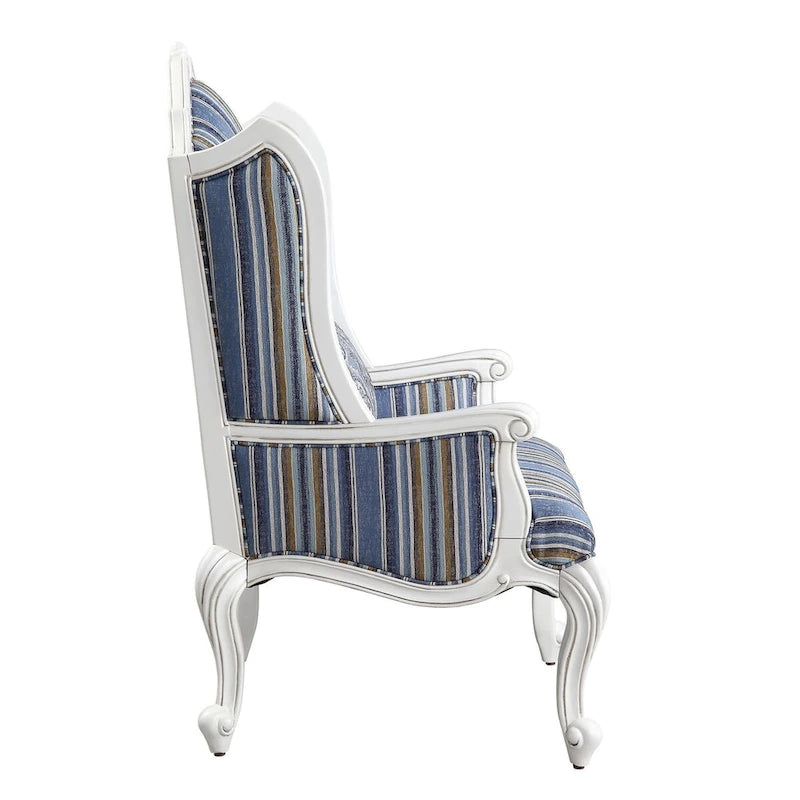 Blue Striped Wingback Accent Chair with Queen Anne Legs – 1 Person