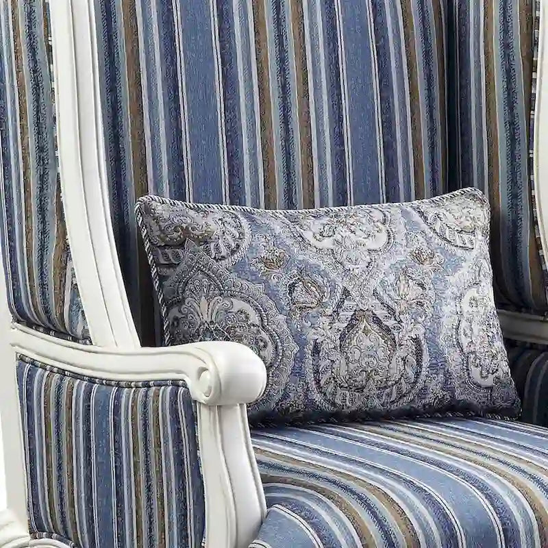 Blue Striped Wingback Accent Chair with Queen Anne Legs – 1 Person