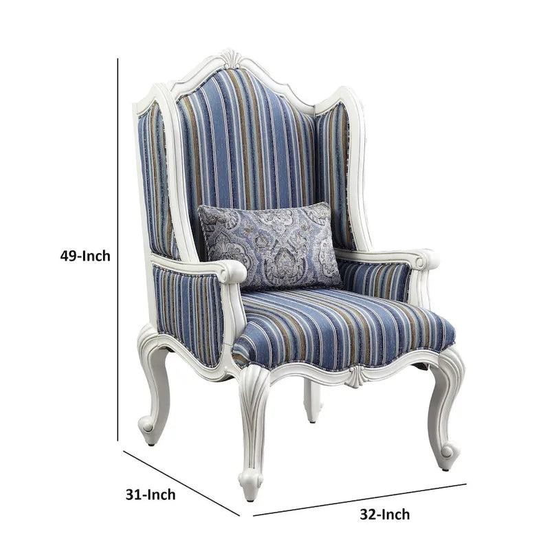 Blue Striped Wingback Accent Chair with Queen Anne Legs – 1 Person
