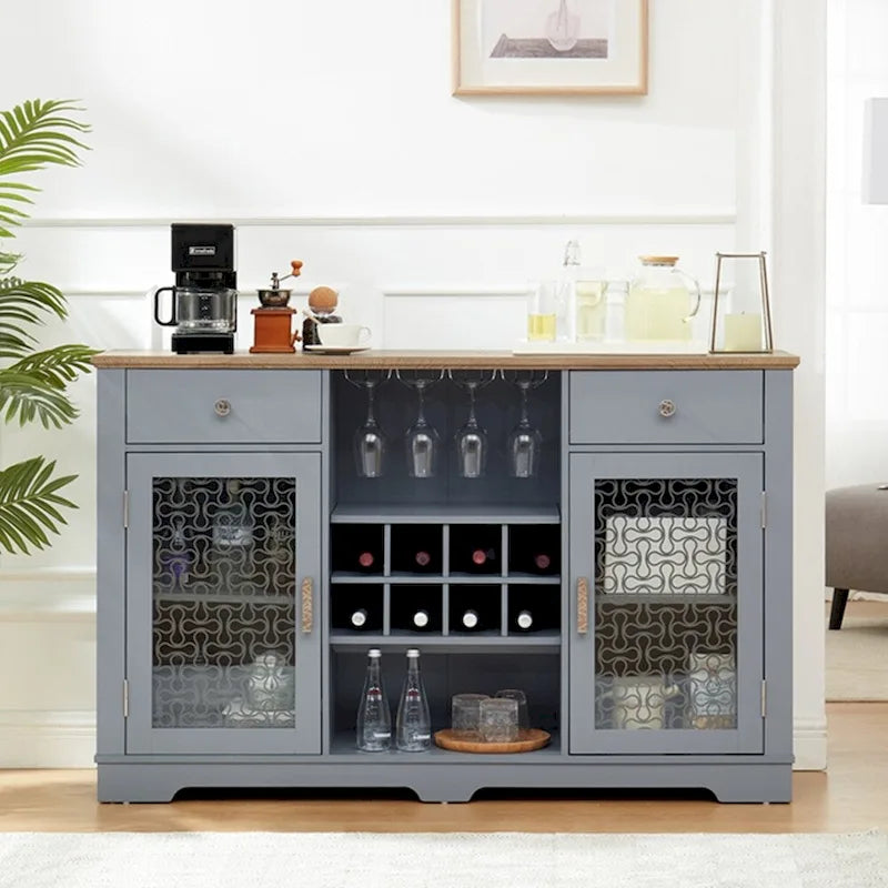 Light Blue & Oak Sideboard Buffet Cabinet with Glass Doors, Wine Rack & 2 Drawers