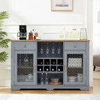 Light Blue & Oak Sideboard Buffet Cabinet with Glass Doors, Wine Rack & 2 Drawers