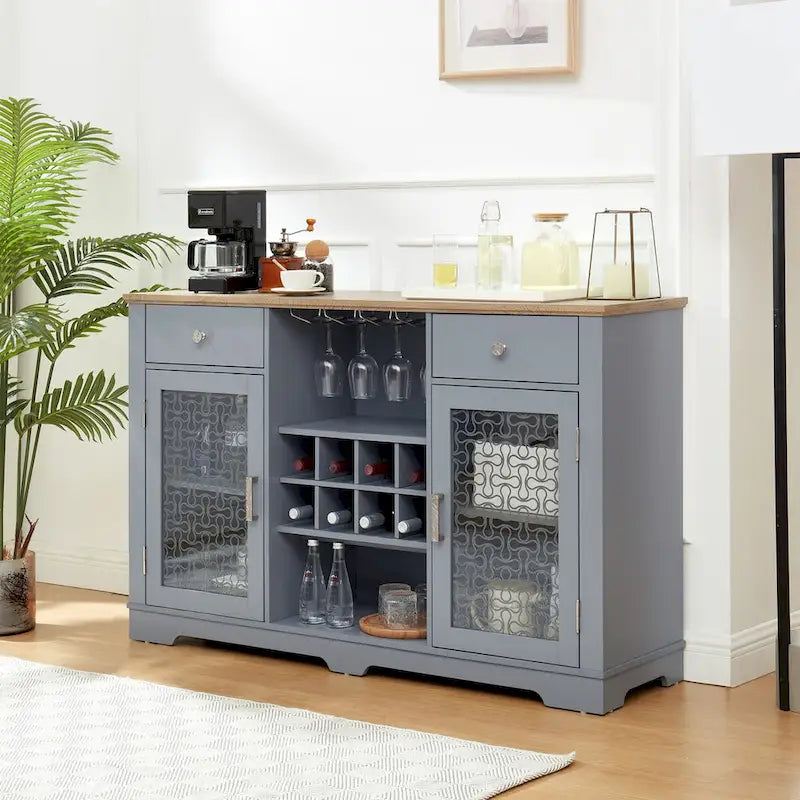 Light Blue & Oak Sideboard Buffet Cabinet with Glass Doors, Wine Rack & 2 Drawers