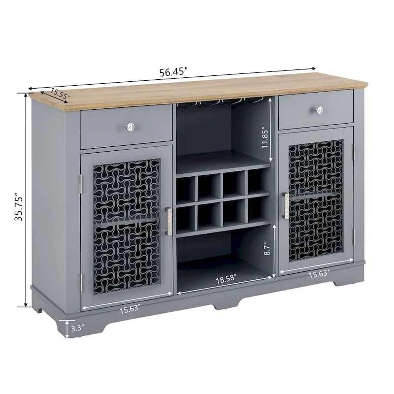 Light Blue & Oak Sideboard Buffet Cabinet with Glass Doors, Wine Rack & 2 Drawers