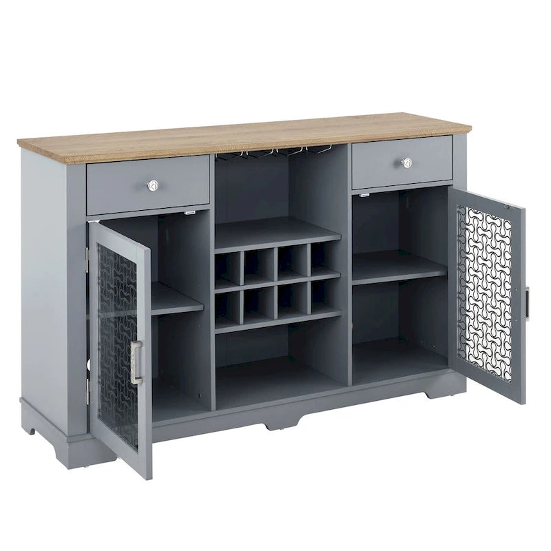 Light Blue & Oak Sideboard Buffet Cabinet with Glass Doors, Wine Rack & 2 Drawers