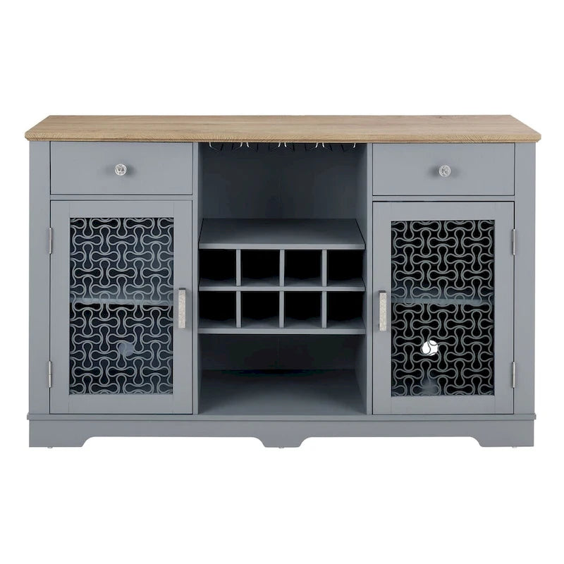 Light Blue & Oak Sideboard Buffet Cabinet with Glass Doors, Wine Rack & 2 Drawers