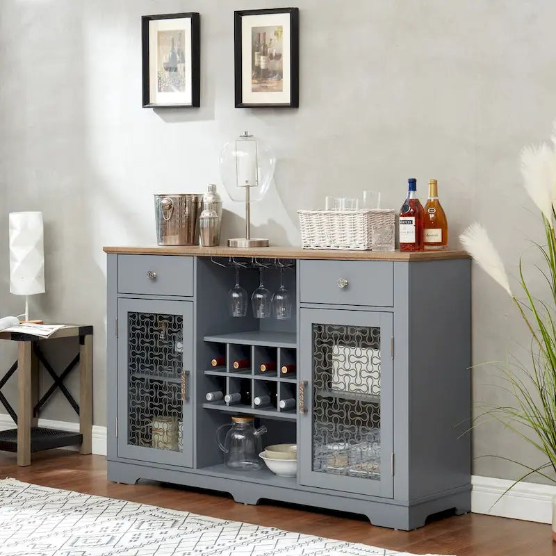 Light Blue & Oak Sideboard Buffet Cabinet with Glass Doors, Wine Rack & 2 Drawers