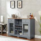 Light Blue & Oak Sideboard Buffet Cabinet with Glass Doors, Wine Rack & 2 Drawers