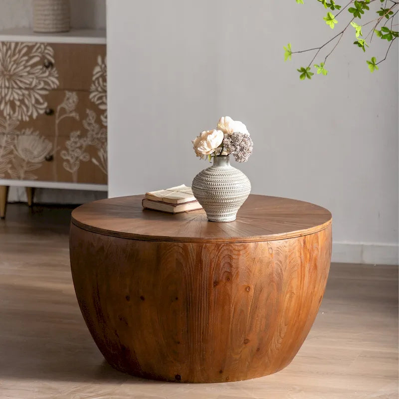 Brown Vintage Barrel-Shaped Coffee Table with Storage