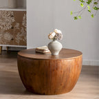 Brown Vintage Barrel-Shaped Coffee Table with Storage