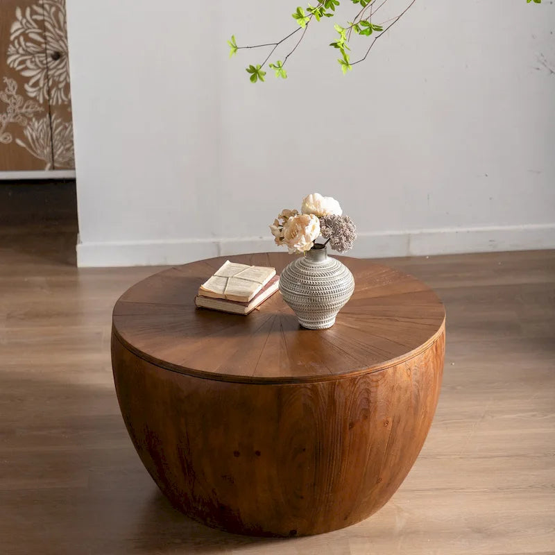 Brown Vintage Barrel-Shaped Coffee Table with Storage