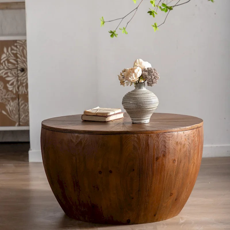 Brown Vintage Barrel-Shaped Coffee Table with Storage
