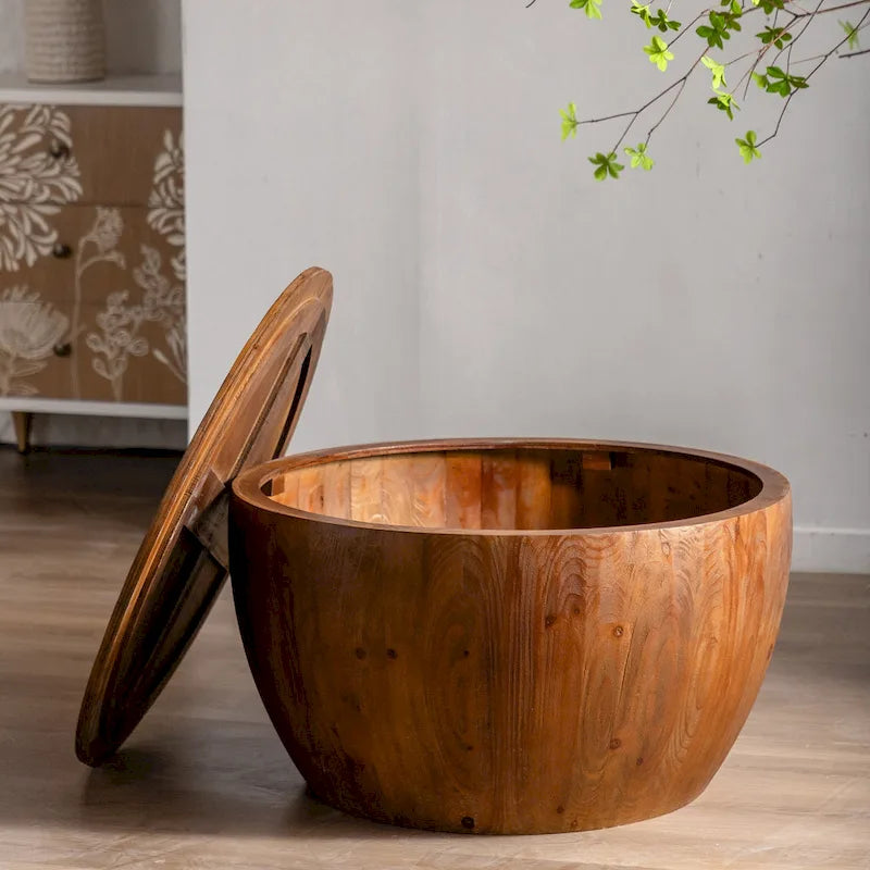 Brown Vintage Barrel-Shaped Coffee Table with Storage