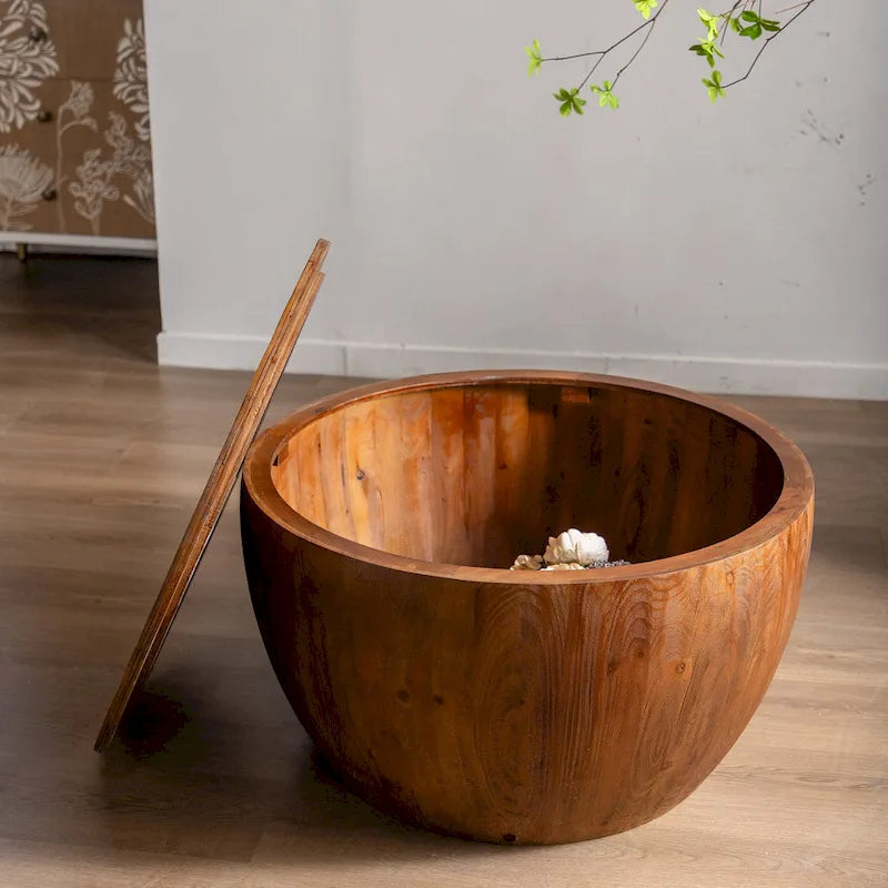 Brown Vintage Barrel-Shaped Coffee Table with Storage