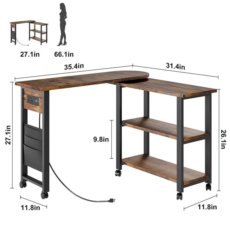 Brown 3-Tier Rotating End Table with Charging Station, Storage Bag & Lockable Casters