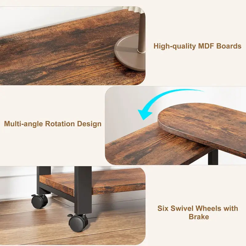 Brown 3-Tier Rotating End Table with Charging Station, Storage Bag & Lockable Casters