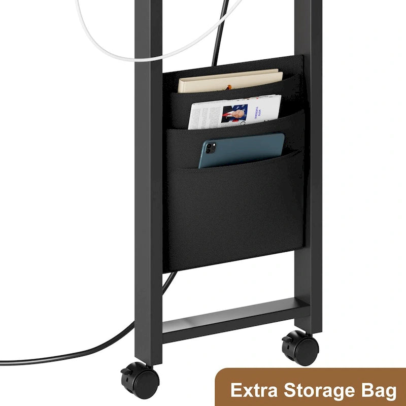 Brown 3-Tier Rotating End Table with Charging Station, Storage Bag & Lockable Casters