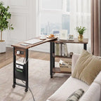 Brown 3-Tier Rotating End Table with Charging Station, Storage Bag & Lockable Casters