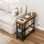 Brown 3-Tier Rotating End Table with Charging Station, Storage Bag & Lockable Casters