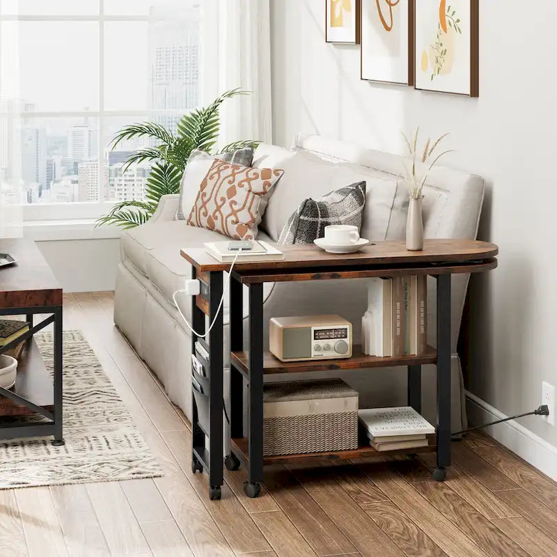 Brown 3-Tier Rotating End Table with Charging Station, Storage Bag & Lockable Casters