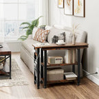Brown 3-Tier Rotating End Table with Charging Station, Storage Bag & Lockable Casters